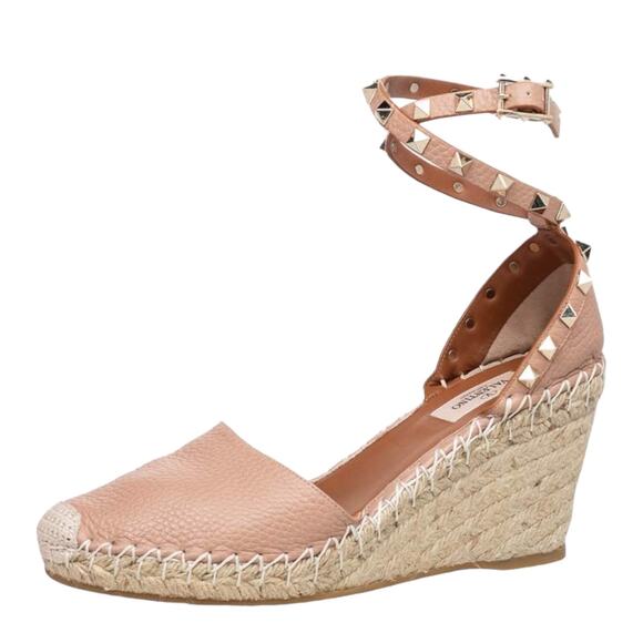 Valentino Garavani Rockstud Double Leather Wedge Espadrille Pink Size 39 - Picture 2 of 12